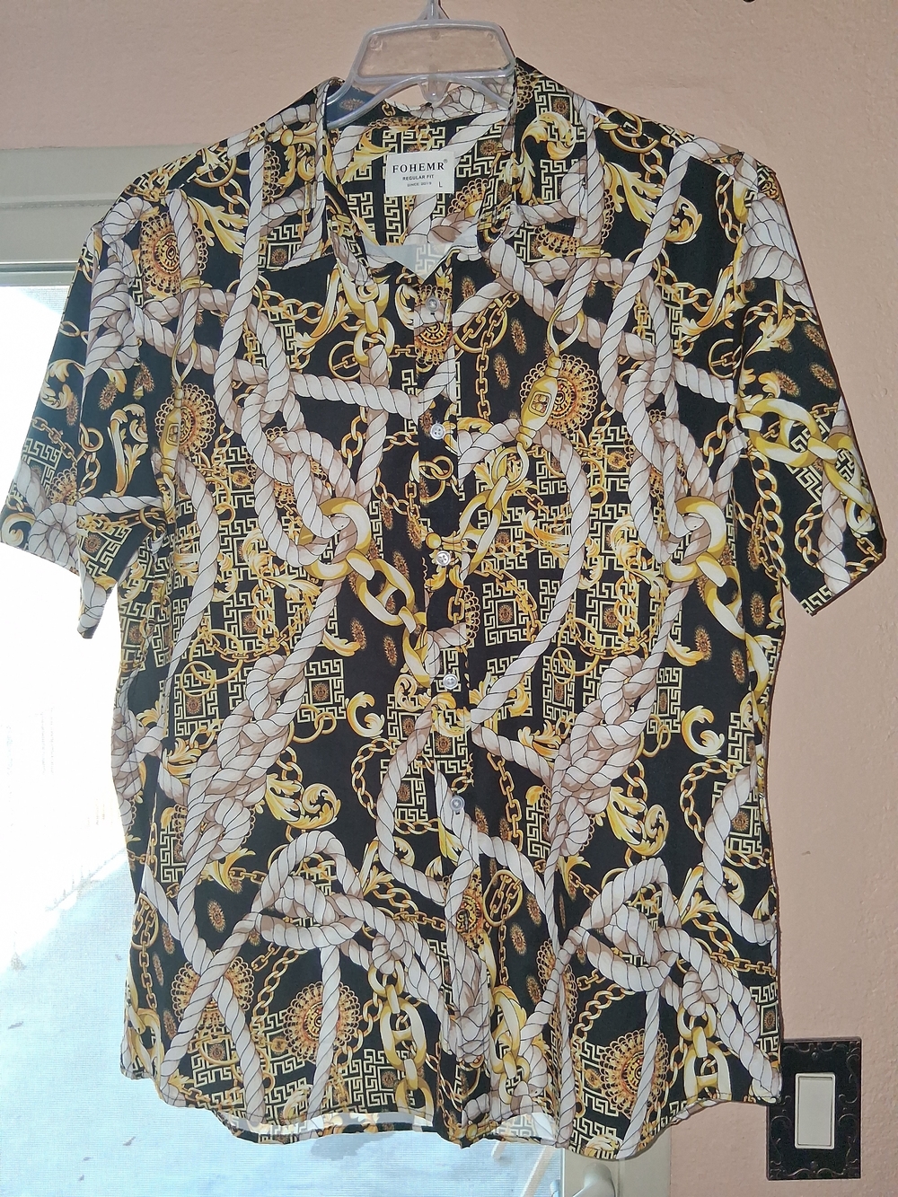 Foherr Men's Short Sleeve Button-Up Shirt - Black & Gold Chain Print - Picture 3 of 5